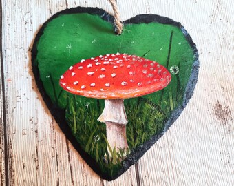 Toadstool hanging heart, Handpainted fly Agaric mushroom outdoor decoration, Hanging heart garden ornament, Perfect for fences