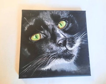 Cat painting original, Cat portrait, Cat art, Tuxedo cat painting, Black cat painting, Black and white cat painting