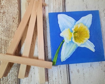 Daffodil miniature painting, Spring flowers painting, Original Daffodil art mini canvas and easel, Mother's day gift, St David's