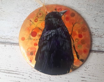 Crow painting, Raven decor, Gothic bird painting, Hand-painted clay hanging decoration, Klimt inspired, Crow hanging art, Crow plaque