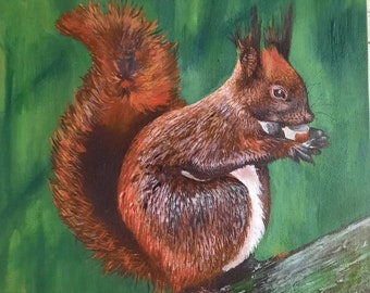 Red squirrel painting, Red squirrel art, Original woodland squirrel painting, Acrylic on canvas board, Squirrel wall art