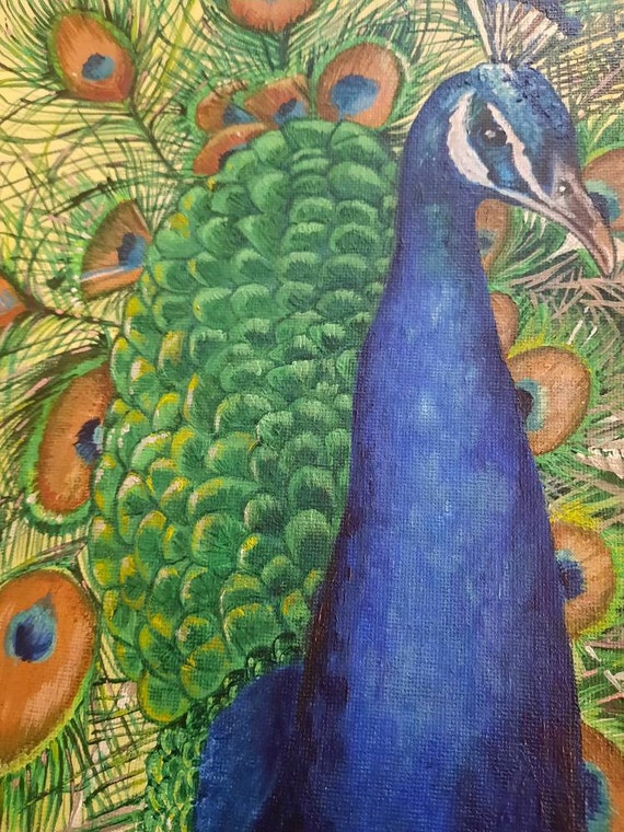 Peacock Acrylic Painting on Canvas: Original Bird Wall Art (12x8