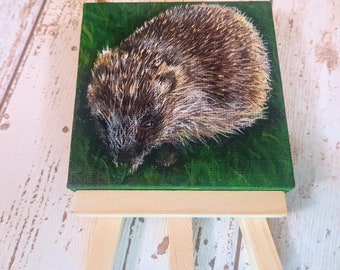Hedgehog original painting, Hedgehog miniature painting, Hedgehog gift, Original painting and easel, Hedgehog art