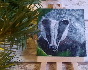 Badger original painting, Badger miniature painting, Badger gift, Original painting and easel, Badger art