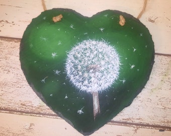 Dandelion heart slate decoration, Handpainted dandelion outdoor decoration, Hanging heart garden ornament, Perfect for fences, Free delivery