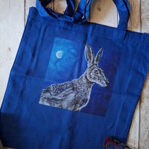 Hare and moon blue tote bag, Shoulder style tote bag with hare and moon painting print, Blue cotton shopper for hare love, Moonlit hare