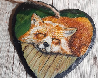 Garden heart plaque, Handpainted hanging fox, outdoor decoration, Hanging heart garden ornament, Perfect for fences, Free delivery