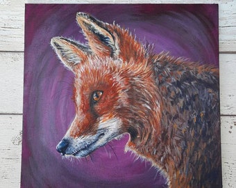 Fox painting acrylic on canvas board, Fox at dusk original painting artwork, Fox wall art, Animal painting, Wildlife art signed