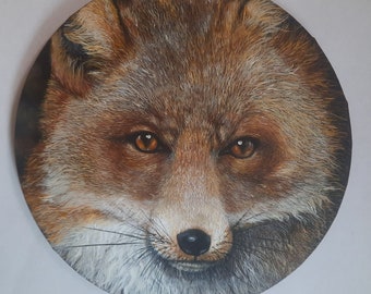 Fox painting acrylic on round canvas, Fox original painting artwork, Fox wall art, Animal painting, Wildlife art signed