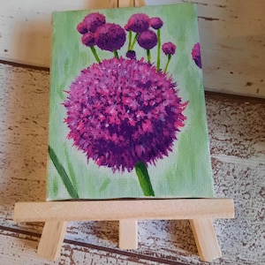 Giant Allium miniature painting and easel, Purple flowers painting, Original Allium art mini canvas, Flower lover gift