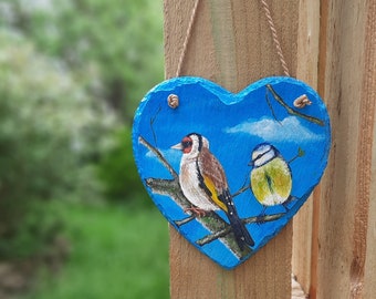 Garden birds plaque, Handpainted garden  birds outdoor decoration, Hanging heart garden ornament, Perfect for fences, Free delivery