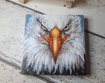 American Bald eagle miniature painting with easel, Original artwork, Bird of prey art, Bird lover gift, Americana, Father's day gift