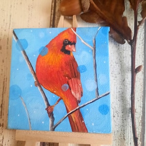 Red Cardinal miniature painting and easel, Miniature Northern Cardinal painting acrylic on 3 inch square canvas, Bird lover gift