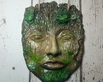 Green man wall plaque, Tree Spirit sculpture, Sculptural green man wall art, Wall mounted tree spirit sculptural wall plaque