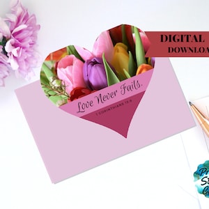Carte de voeux imprimable L'amour ne manque jamais | Coeur et fleurs|Blanc 5x7|A7| 1 Corinthiens 13:8 Carte JW coeur floral TNO | Cadeau d'anniversaire