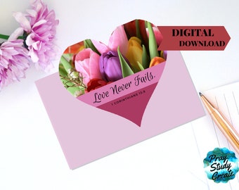 Printable Love Never Fails Greeting Card| Heart& Flowers|5x7 Blank|A7| 1 Corinthians 13:8 NWT Floral Heart Instant JW Card| Anniversary Gift