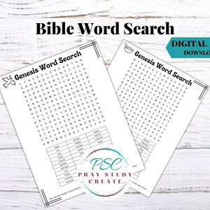 Può includere: Un puzzle di ricerca di parole biblico in bianco e nero con il titolo "Ricerca di parole della Genesi". Il puzzle presenta parole relative al libro della Genesi, come Adamo, Eva, Caino, Abele e la creazione.