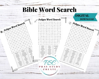 Puede incluir: Un rompecabezas de búsqueda de palabras bíblico imprimible con el título "Judges Word Search". El rompecabezas presenta palabras relacionadas con el libro de los Jueces en la Biblia. El rompecabezas está dividido en tres secciones, cada una con una búsqueda de palabras diferente.