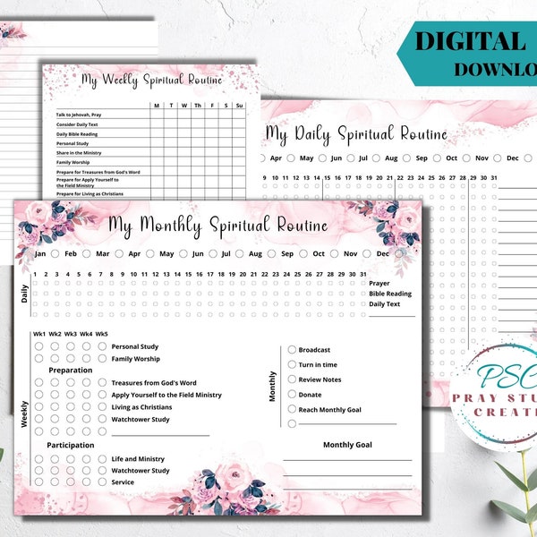 Printable Jehovah's Witness Spiritual Routine Tracker JW Instant Download| Monthly and Weekly Tracker & Writing page| JW Ministry 8.5*11 PDF