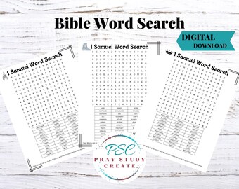 Puede incluir: Tres rompecabezas de búsqueda de palabras de la Biblia de 1 Samuel imprimibles. Cada rompecabezas presenta una cuadrícula de letras con palabras relacionadas con el libro de 1 Samuel ocultas en su interior. Los rompecabezas son en blanco y negro y tienen una barra de título con las palabras "1 Samuel Word Search" y "Descarga digital".