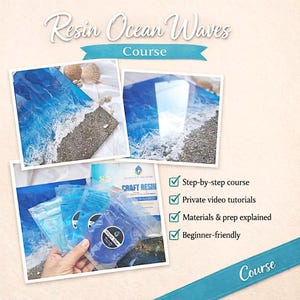 May include: An advertisement for a resin ocean waves course. The image features close-ups of ocean wave resin art, bags of blue resin materials, and text that reads "Resin Ocean Waves Course". The course includes step-by-step instructions, video tutorials, and is beginner-friendly.