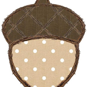May include: A brown twig acorn wreath with a tan fabric center featuring white polka dots.