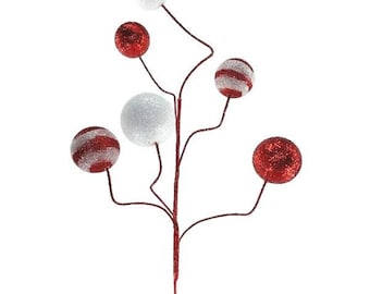 20" Red & White Swirl Glitter Ball Spray, Valentine Pick, Patriotic Pick, Wreath Spray, 4th of July Wreath Attachment, Wreath Supplies WF533