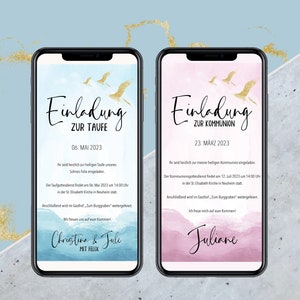 eCard invitation baptême, confirmation, communion - bleu maritime / rose / terre cuite / beige - cartes numériques - envoyer via WhatsApp