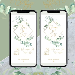 eCard Save the Date / Change the Date - Eucalyptus - Digitale kaarten voor uw bruiloft - Verzenden via WhatsApp