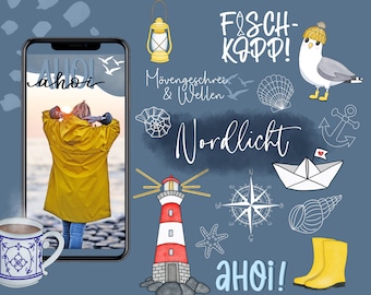 170+ Story Stickers Northern Lights - For Instagram Stories about the North Sea/Baltic Sea & everything maritime - Clipart - Hand-painted