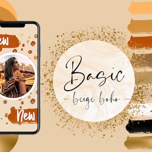 Könnte beinhalten: Ein Handy-Bildschirm-Mockup mit beigefarbenem Hintergrund und goldenem Glitzer. Der Bildschirm zeigt ein Foto einer Frau in einem gestreiften Shirt und den Text "New". Der Text "Basic - beige boho -" ist auf einem weißen Kreis mit beigefarbener Marmorstruktur geschrieben.