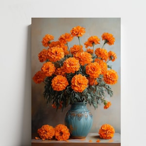 Caléndula naranja en jarrón con flores, impresión en pintura al óleo sobre lienzo, impresión floral original, decoración de pared para sala de estar, estilo rústico, estilo rural