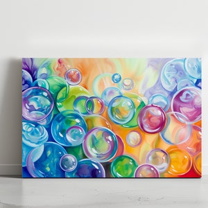 Bubble Wall Art Print Canvas Art, Burbujas coloridas, rosa, naranja, verde, azul, arte abstracto moderno, sala de estar, oficina, habitación para niños