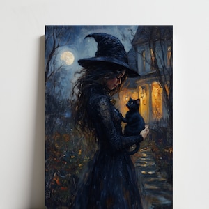 黒猫を連れた若い魔女、黒子猫、ビンテージ ポスター、アート ポスター プリント、ハロウィーンの装飾、キャンバス プリント ウォール アート、リビング ルーム、子供部屋