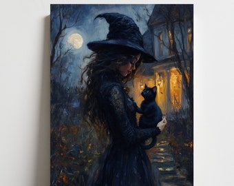 Hexe und schwarze Katze Vintage Kunst Poster - Halloween Leinwanddruck
