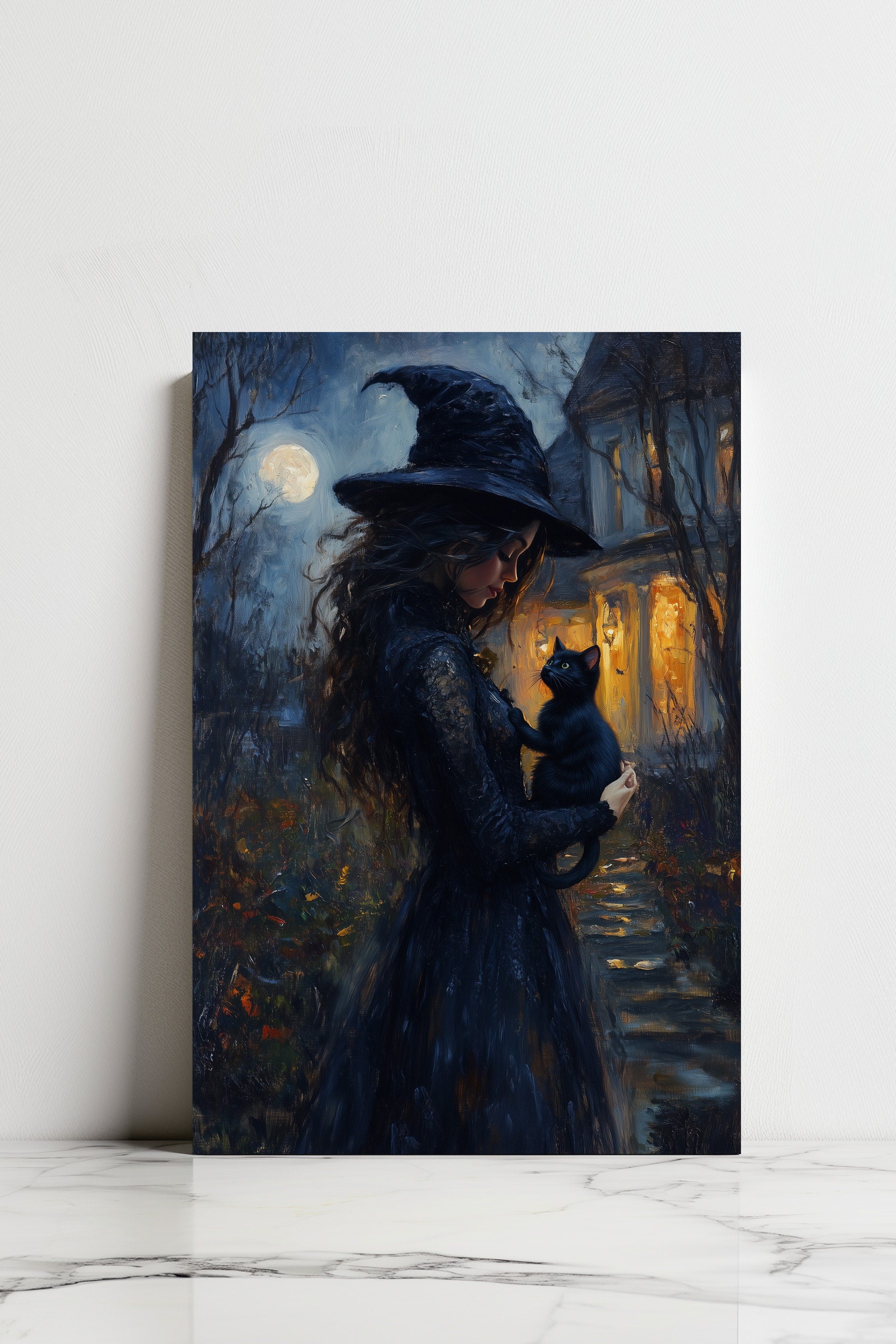Witch and Black Cat Vintage Art Poster - Halloween Canvas Print - Etsy