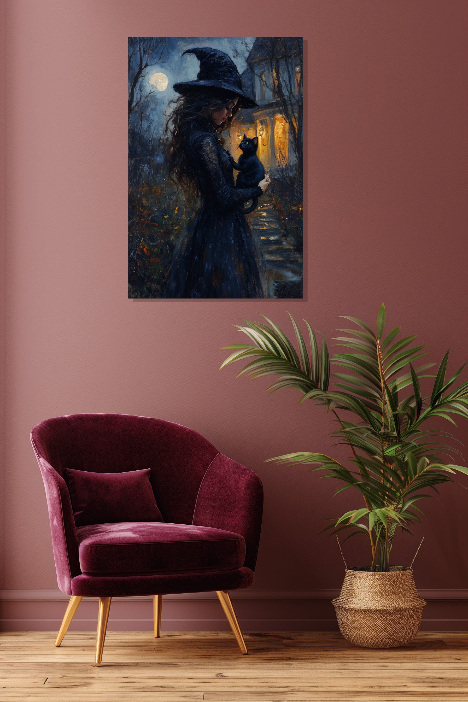 Witch and Black Cat Vintage Art Poster - Halloween Canvas Print - Etsy