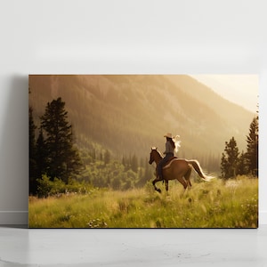 Cowgirl Horseback Riding Canvas Print: Mountain Landscape Wall Art