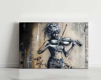 Girl Playing Violin Graffiti Art Print: Modern Musician Poster