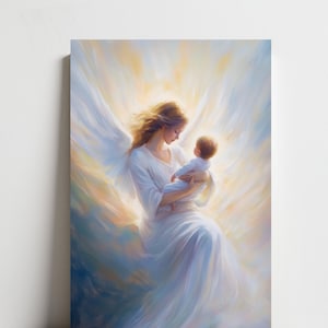 Schutzengel mit Baby, Mutter schützt ihr Kind, abstrakte Druckleinwand, religiöses Dekor, Muttertagsgeschenk, Babyparty