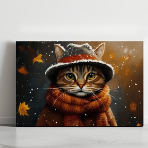 Getigerte Katze trägt Schal & Hut, Zeitgenössische abstrakte Ölmalerei Druck, Leinwand, Poster, Wandkunst, Wohnkultur, Tiere, Herbst, Winter