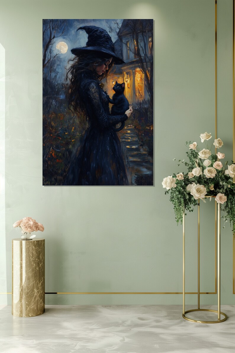 Witch and Black Cat Vintage Art Poster - Halloween Canvas Print - Etsy