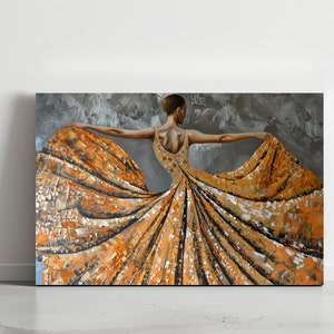 Abstract Woman in Gold Dress Art Print: Ballerina Canvas Wall Art