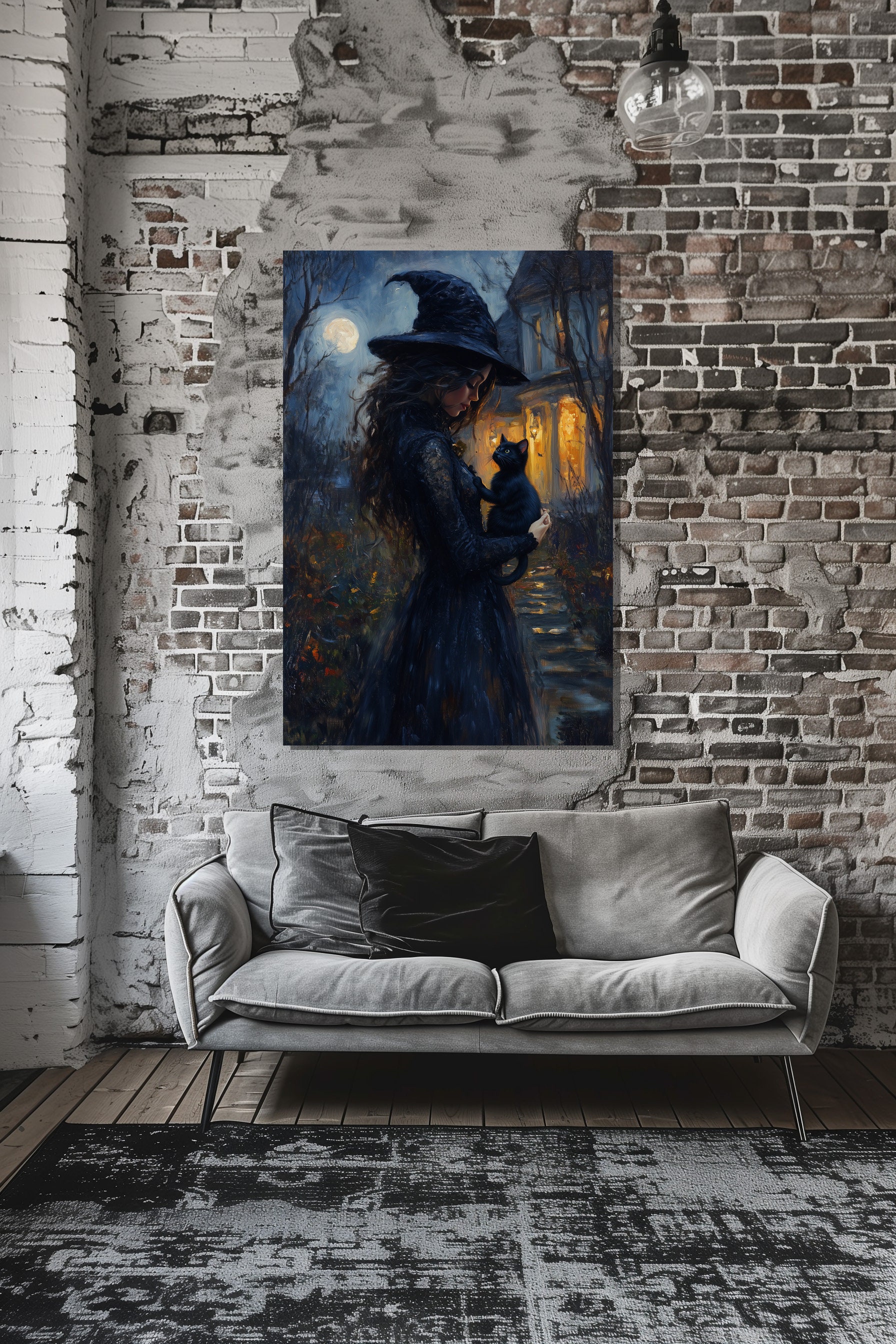 Witch and Black Cat Vintage Art Poster - Halloween Canvas Print - Etsy