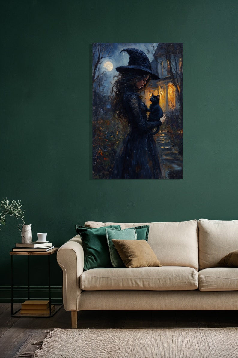 Witch and Black Cat Vintage Art Poster - Halloween Canvas Print - Etsy