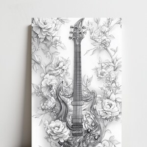 Dibujo a lápiz de guitarra y flores, arte mural de naturaleza muerta, música, arte en lienzo impreso, arte mural de músico, decoración contemporánea moderna abstracta y brillante