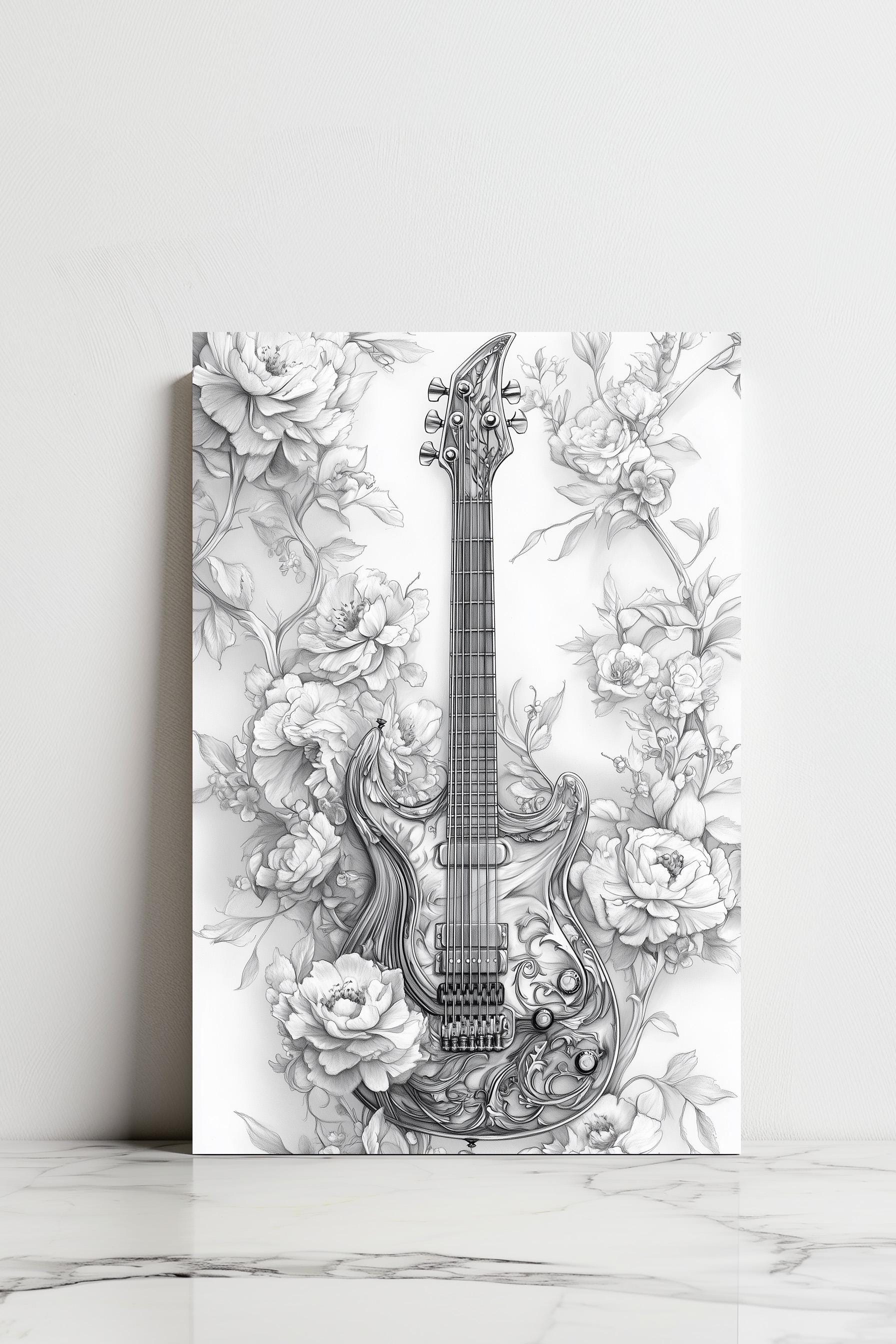 アート・デザイン・音楽 MILNER GRAY Guitar & Flowers Pencil Drawing: Music Wall Art Print - Etsy