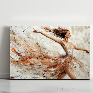May include: A painting of a woman in a flowing white dress with brown accents. The woman is dancing with her arms outstretched and her hair flowing behind her.