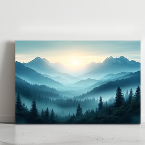 Mountain Sunrise Landscape, Beautiful Nature, Canvas Wall Art, Design, Poster, Print, Wall Art Decor for Home & Office, Oil Painting, Blue
