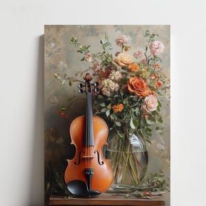 Violin and Flowers Still Life Art Print: Abstract Music Canvas